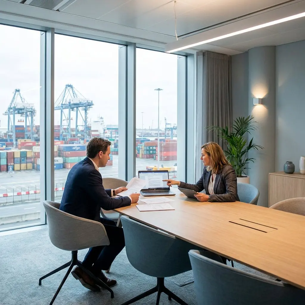 Two professionals in a meeting at a conference table with a laptop and documents, overlooking a container port with cranes.